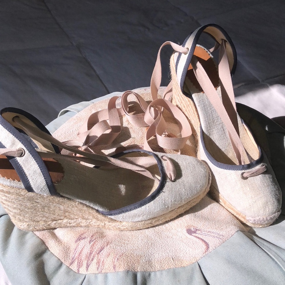 J.Crew gold glittery Linen Ballet strappy wedges